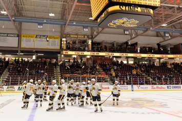 Sarnia Sting players celebrate a victory over Erie. November 7, 2021.  (Metcalfe Photography)