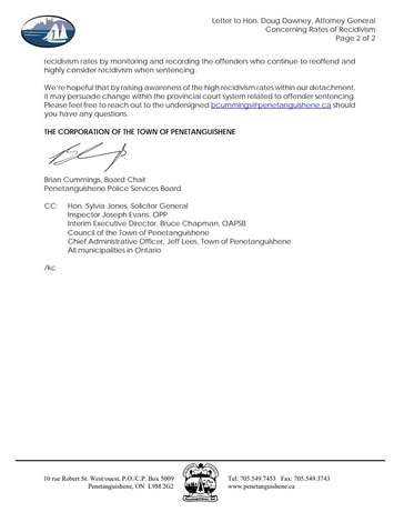 A letter the Sarnia Police Service Board received from the Town of Penetanguishene, in Simcoe County, indicating their concerns with recidivism statistics.  December 2021. 