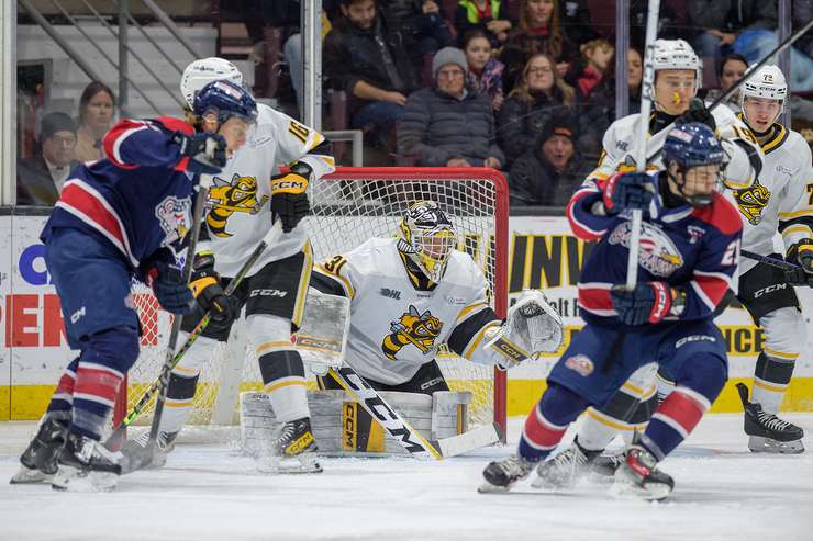 Sarnia Sting host Saginaw in annual Teddy Bear Toss game Sunday, Dec 1, 2024. Photo by Metcalfe Photography. 