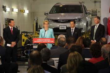 FCA CEO Reid Bigland, left, Ontario Premier Kathleen Wynne, Minister of Economic Development Brad Duguid and University of Windsor President Alan Wildeman, right, at Chrysler's research centre in Windsor, June 15, 2016. (Photo by Jason Viau)