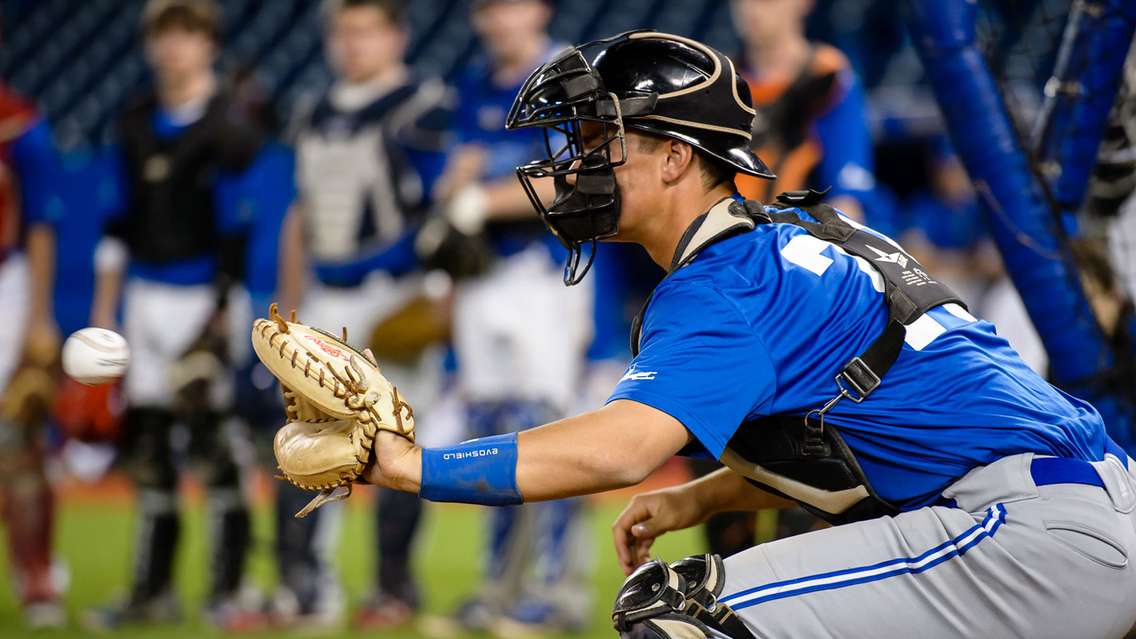 Kent Bridge native Luke Van Rycheghem catches at the Rogers Centre in Toronto (Photo courtesy of Rosie Van Rycheghem)
