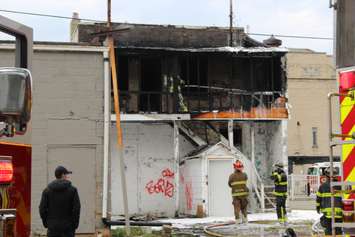 Firefighters at the scene of an apartment fire at the corner of Wyandotte St. E and Gladstone Ave. in Windsor, May 20, 2017.  (Photo by Adelle Loiselle)
