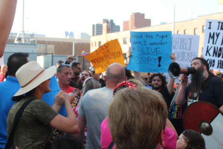 Protestors and counter-protestors outside the Greater Essex County District School Board, June 20, 2023. Photo by Mark Brown/WindsorNewsToday.ca.