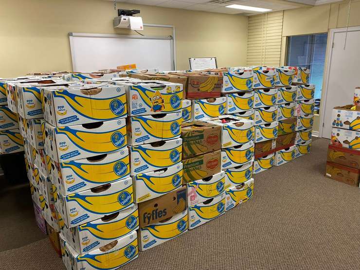 Some of the donations after a Knights of Columbus food donation drive for the Salvation Army of Chatham-Kent food bank. April 2025. (Photo courtesy of Knights of Columbus Council 1412 via Facebook)
