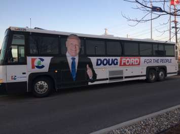 The bus transporting PC Leader Doug Ford arrives at the John D. Bradley Centre in Chatham, April 20, 2018. (Photo by Paul Pedro)