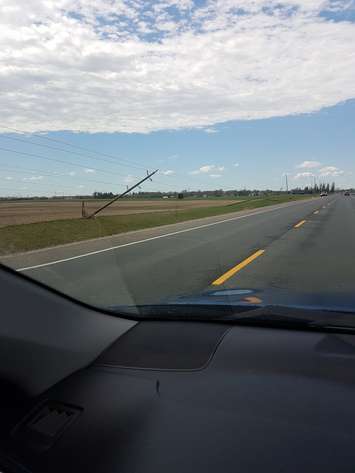 Hydro pole down on Hwy. 40 towards Blenheim just past Fairview. (Photo courtesy of 
Lachlan Kennedy).
