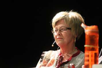 Janet Harris, a candidate in Tecumseh's Ward 2 by-election, takes questions from residents at a 'meet the candidates' event held at L'Essor Secondary School on October 3, 2016. (Photo by Ricardo Veneza)