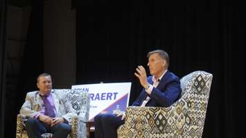Maxime Bernier (right) and Brian Everaert (left) at Sarnia Library Theatre. October 1, 2019. (BlackburnNews.com photo by Colin Gowdy)