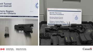 An assortment of confiscated weapons are shown at the Windsor-Detroit Tunnel, February 23, 2024. Photo courtesy Canada Border Services Agency SOR/X.