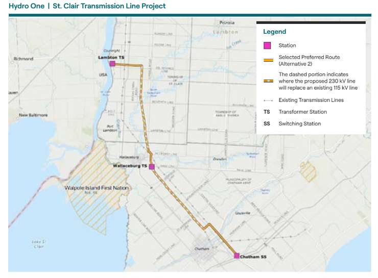 St. Clair Transmission Line project (Image from Hydro One's presentation to Chatham-Kent Council)