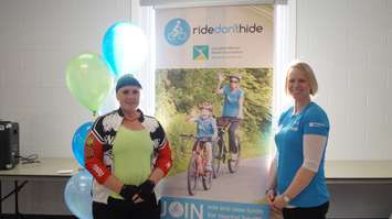 The CMHA LK kicks off its Ride Don't Hide campaign leading up to the June 26th event. Cyclist Carol MacPherson and Fund Development Coordinator Angela Kirkland pose for a picture. April 5, 2016 (BlackburnNews.com Photo by Briana Carnegie)