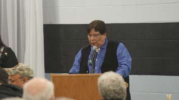 Kettle and Stony Point Chief Tom Bressette speaks at a historic signing ceremony  to resolve outstanding issues regarding the former Camp Ipperwash lands. April 14, 2016 (BlackburnNews.com Photo by Briana Carnegie)