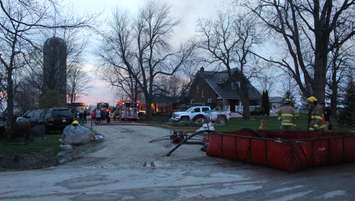 Area fire departments battle blaze at dairy farm in Tecumseh, April 18, 2016. (Photo by Maureen Revait) 