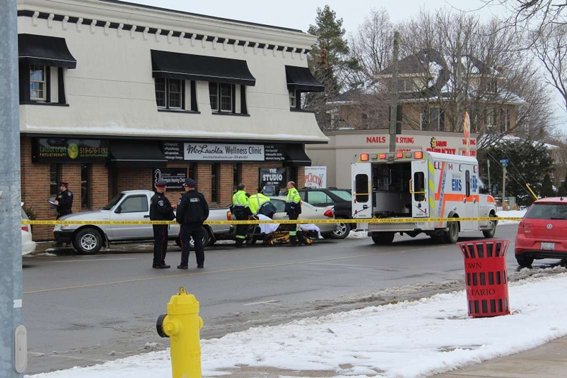 A Woodstock woman was taken to hospital after a car went onto a sidewalk and crashed into her February 16, 2016. (Photo by Simon Crouch) 