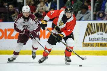 Sarnia Sting host Peterborough Petes on Dec 11, 2022. Photo by by Metcalfe Photography.