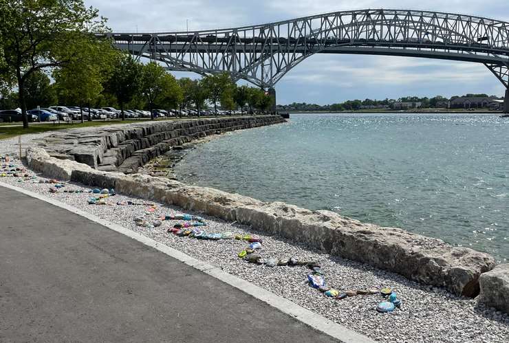 Rocky the rock snake along the St. Clair River waterfront in Point Edward. June 2023. Submitted photo.