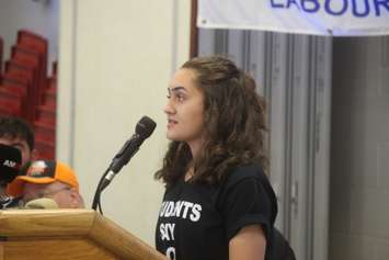 Student activist Jada Malott speaks at the Unifor Local 444/200 Hall on June 7, 2019. Photo by Mark Brown/Blackburn News.