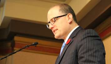 Mayor-elect Drew Dilkens speaks to supporters at the Caboto Club, October 27 2014.  (Photo by Maureen Revait.)