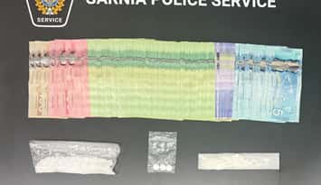 Drugs, cash and a folding knife seized by SPS in a traffic stop - June 29/26 (Photo courtesy of Sarnia Police Service)