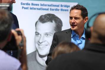 Murray Howe talks about having the new Windsor-Detroit bridge named after his dad, May 14, 2015. (Photo by Mike Vlasveld)