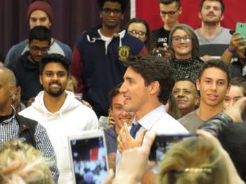 Prime Minister Justin Trudeau given a standing ovation at town hall at Western University's Alumni Hall, January 13, 2017. (Photo by Miranda Chant, Blackburn News)