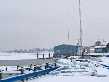 Ice damage to the Bluewater Ferry causeway.  Jan 2018, BlackburnNews.com photo by Sue Storr.