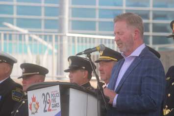 Port Windsor President Steve Salmons speaks at the 2022 CanAm Police Fire Games opening ceremonies at Riverfront Festival Plaza, Windsor, July 26, 2022. Photo by Mark Brown/WindsorNewsToday.ca.