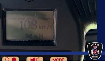 A reading of 108 km/h is shown on a radar device in a LaSalle police cruiser, September 29, 2025. Photo provided by LaSalle police