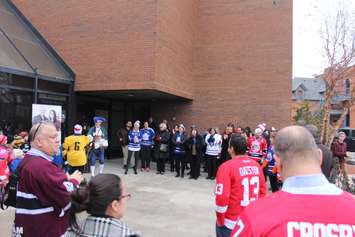 Flag raising ceremony for Rogers Hometown Hockey at the Chatham-Kent Civic Centre on December 12, 2018. Photo by Allanah Wills)