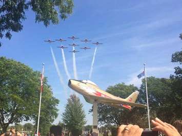 Snowbirds fly over the F-86 Sabre Golden Hawk Memorial on September 15, 2016 (Photo courtesy of Sarnia Police Services via Twitter)