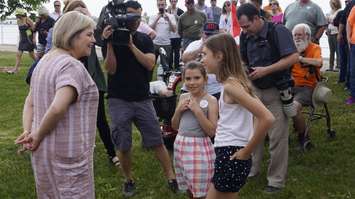 Ontario NDP Leader Andrea Horwath speaks with Sarnia-Lambton candidate Kathy Alexander's two daughters, Zoe and Drea. May 30, 2018. (Photo by Colin Gowdy, BlackburnNews)