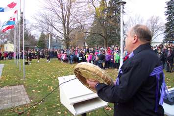 Ceremonial wreaths being laid in Mount Forest for Remembrance Day. (Photo by Campbell Cork)