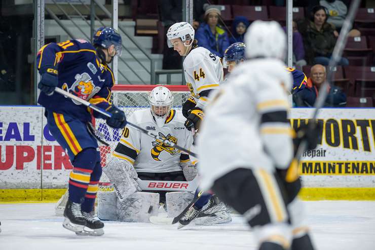 Barrie Colts at Sarnia Sting, Dec 6, 2023. Photo by Metcalfe Photography. 