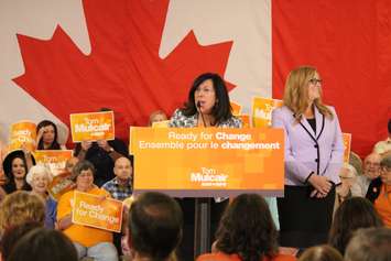 NDP candidates for Essex, Tracey Ramsey (right), and Windsor-Tecumseh, Cheryl Hardcastle (left), attend an NDP rally in Windsor on July 22, 2015. (Photo by Ricardo Veneza)