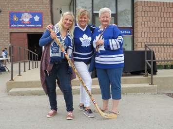 Laura Colby, Vicki Hayter and Kathy Mann watched the Toronto Maple Leafs practice at Lucan Kraft Hockeyville, September 18, 2018. (Photo by Miranda Chant, Blackburn News)

