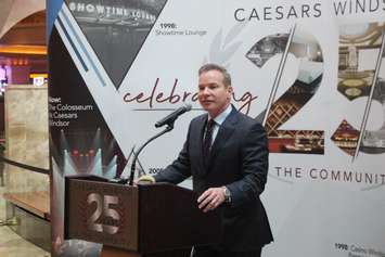 Kevin Laforet, regional president of Caesars Entertainment, speaks at the 25th-anniversary kickoff at Caesars Windsor Cosmos Lounge, May 14, 2019. Photo by Mark Brown/Blackburn News.