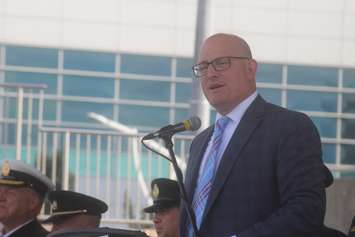 Windsor Mayor Drew Dilkens opens the 2022 CanAm Police Fire Games at Riverfront Festival Plaza, Windsor, July 26, 2022. Photo by Mark Brown/WindsorNewsToday.ca.
