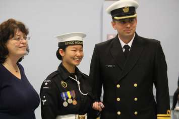 Bonnie Leung (centre) is recognized for reaching the silver level of the Duke of Edinburgh Award at the HMCS Hunter building in Windsor, Ontario on October 28, 2015. (Photo by Ricardo Veneza)