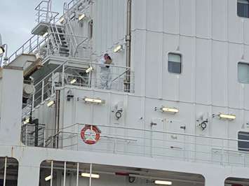 Crews from Belfor Property Restoration don white suits and masks to clean the Damia Desgagnes tanker at Sarnia Harbour. October 2, 2020. (BlackburnNews.com photo by Melanie Irwin)