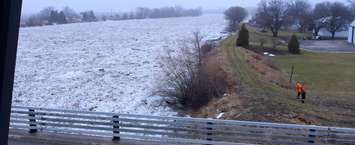 Ice buildup on the east side the Prairie Siding Bridge. February 7, 2019. (Photo by Greg Higgins)