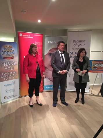 Sherri Bocchini, chief development officer at Children’s Health Foundation, John MacFarlane, London Health Sciences Foundation president and CEO and Michelle Campbell, president and CEO of St. Joseph’s Health Care Foundation at the Bridlewood Dream Home on Bradwell Chase in London. (Photo by Becky Malacaria, Blackburn News.)