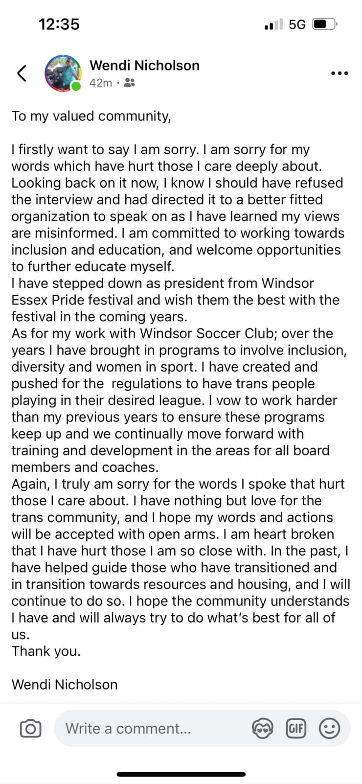 An apology submitted on Facebook by former WE PrideFest President Wendi Nicholson. Image submitted by listener.