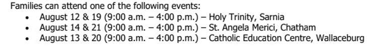 A list of summer registration events across St. Clair Catholic School Board (Photo by: SCCSB)