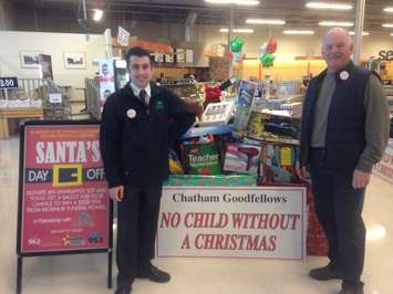 Blackburn Radio and McKinlay Funeral Homes band together to support the Chatham Goodfellows’ “No Child Without a Christmas” campaign at the Real Canadian Superstore, December 2, 2015. (Photo courtesy of 
Amanda Thibodeau)