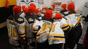 Major Atom Lambton Sting AAA surprised with the Stanley Cup before practice. Dec.16, 2015. Photo by Jake Jeffrey (blackburnnews.com)