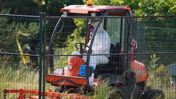 Crews from General Maintenance Services, wearing full protective suits and respirators, cut the grass at Sarnia's Centennial Park. August 7, 2014 BlackburnNews.com (Photo by Jake Jeffrey)