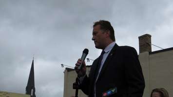 Woodstock Mayor Trevor Birtch addressed the crowd at the  
student mental health rally at Woodstock Museum Square, June 7, 2016. (Photo by Miranda Chant, Blackburn, News)