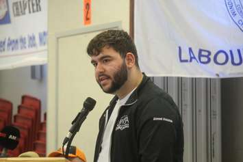 Ahmed Abdallah of the University of Windsor Students Alliance speaks at the Unifor Local 444/200 Hall on June 7, 2019. Photo by Mark Brown/Blackburn News.