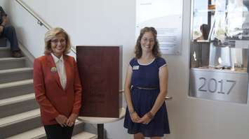 Lambton College President Judy Morris and English teacher Erica Kelly close a time capsule that will be opened in 2067.  August 29, 2019 Photo by Melanie Irwin