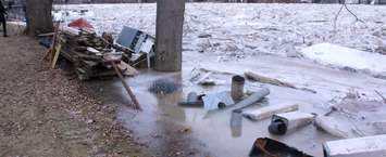 River waters less than a foot away from spilling over the dike and into local residential properties. February 8, 2019. (Photo by Greg Higgins)